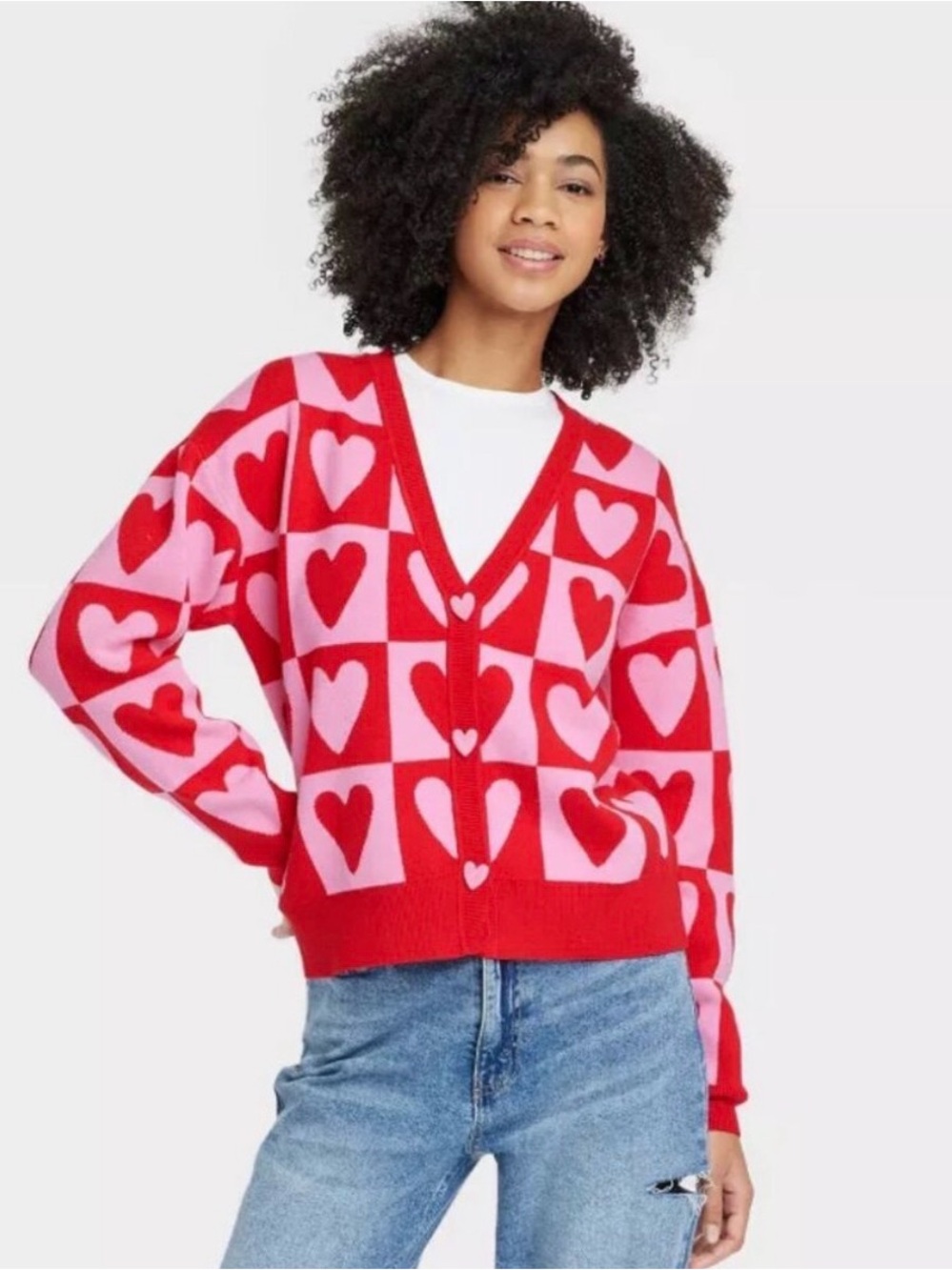 33 Degrees Heart Print Cardigan Red Pink Button Front Sweater Size L